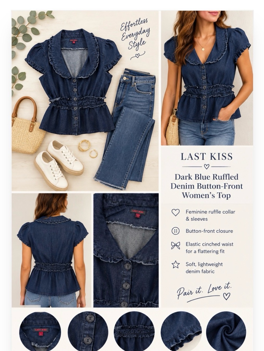 Last Kiss Dark Blue Ruffled Denim Button-Front Women's Top Size L